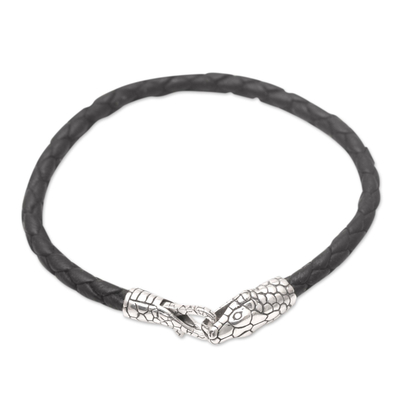 Men's leather and sterling silver cord bracelet, 'Magic Snake' - Men's Black Leather and Sterling Silver Bracelet