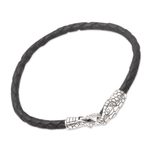 Men's leather and sterling silver cord bracelet, 'Magic Snake' - Men's Black Leather and Sterling Silver Bracelet