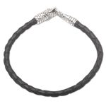 Men's leather and sterling silver cord bracelet, 'Magic Snake' - Men's Black Leather and Sterling Silver Bracelet