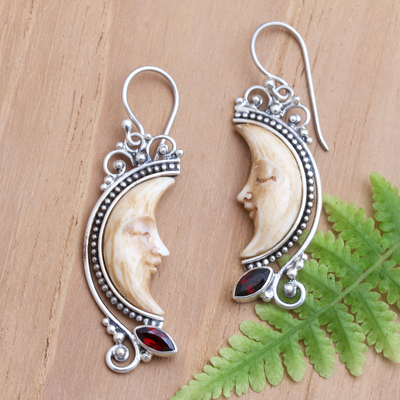 Garnet dangle earrings, 'Antique Moon' - Handcrafted Garnet Earrings from Bali