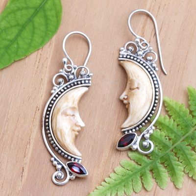 Garnet dangle earrings, 'Antique Moon' - Handcrafted Garnet Earrings from Bali