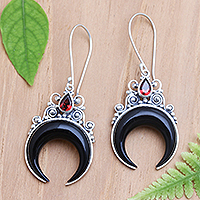 Horn and garnet dangle earrings, 'Gianyar Crescents'