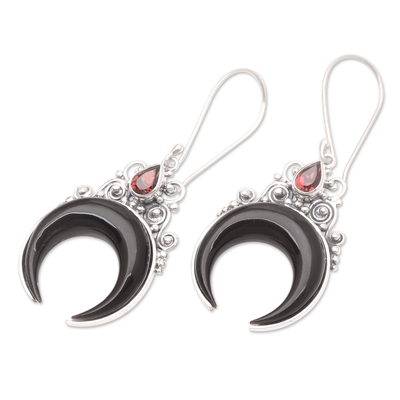 Horn and garnet dangle earrings, 'Gianyar Crescents' - Artisan Crafted Horn Earrings with Garnets