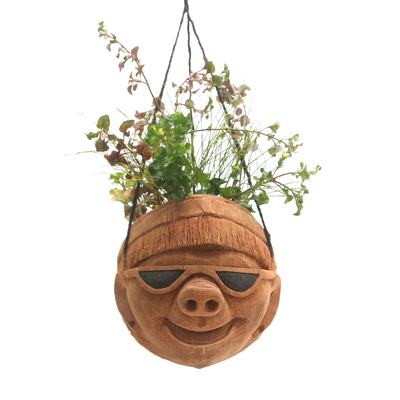 Handcrafted Coconut Shell Planter, 'Funny Face