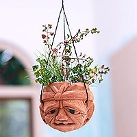 Coconut shell hanging planter, 'Don't Worry' - Carved Coconut Shell Hanging Planter