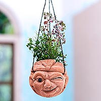 Coconut shell hanging planter, 'Wink' - Artisan Crafted Coconut Shell Planter