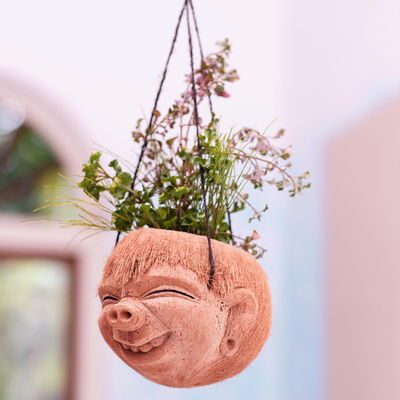 Coconut shell hanging planter, 'Laughing Face' - Indoor/Outdoor Coconut Shell Planter