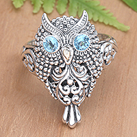Gold-accented blue topaz cocktail ring, 'Brilliant Owl' - Artisan Crafted Blue Topaz Ring