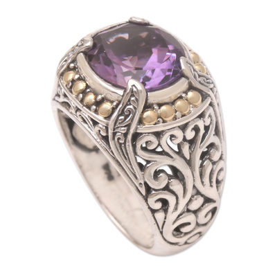 Gold accented amethyst cocktail ring, 'Majestic Touch' - Sterling and Amethyst Ring with 18k Gold