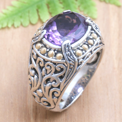 Gold accented amethyst cocktail ring, 'Majestic Touch' - Sterling and Amethyst Ring with 18k Gold