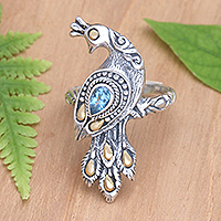 Gold accented blue topaz cocktail ring, 'Brilliant Peacock'