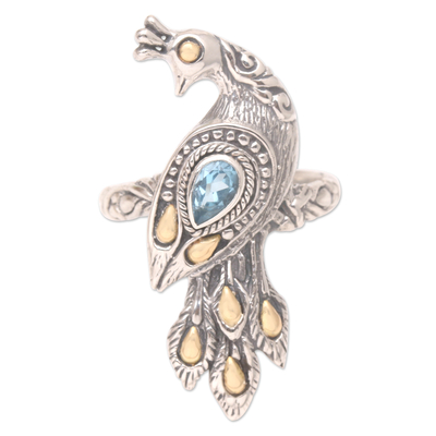 Gold accented blue topaz cocktail ring, 'Brilliant Peacock' - Artisan Crafted Blue Topaz Ring