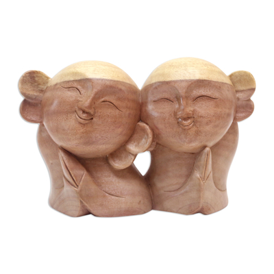 Hibiscus wood sculpture, 'Twin Jizo' - Artisan Crafted Wood Sculpture