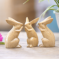 Wood sculptures, 'Adorable Bunnies' (set of 3) - Set of 3 Hand-Carved Rabbit Sculptures in Natural Tone