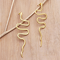 Gold-plated drop earrings, 'Rattlesnake Rumble' - Handmade Gold-Plated Drop Earrings with Snake Motif