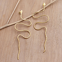 Gold-plated drop earrings, 'Cobra Queen' - Balinese Gold-Plated Drop Earrings with Snake Motif