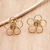 Gold-plated button earrings, 'Cheerful Flower' - Gold-Plated Button Earrings with Floral Motif