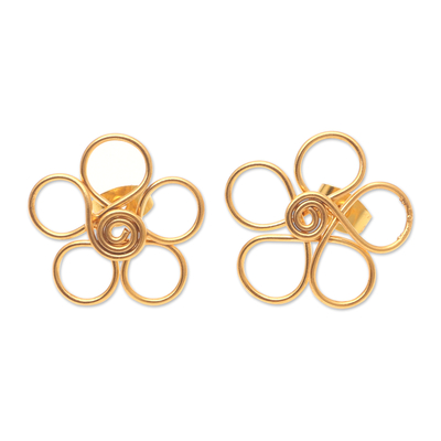 Gold-Plated Button Earrings with Floral Motif