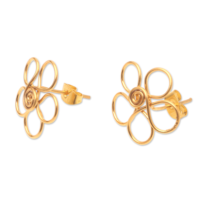 Gold-plated button earrings, 'Cheerful Flower' - Gold-Plated Button Earrings with Floral Motif