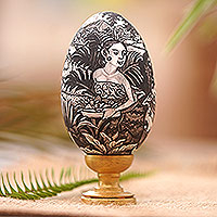 Wood egg sculpture, 'Praying Ladies' - Hand-Painted Wood Egg Sculpture with Hindu Theme