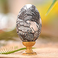 Wood egg sculpture, 'Rice Farmer' - Artisan Crafted Balinese Wood Egg Sculpture