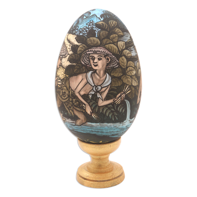 Wood egg sculpture, 'Juru Pencar' - Hand-Painted Indonesian Wood Egg Sculpture