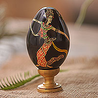 Wood egg sculpture, 'Oleg Dance' - Hand Painted Balinese Egg Sculpture