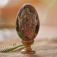 Wood egg sculpture, 'Sacred Saraswati' - Hand-Painted Hindu Goddess Sculpture