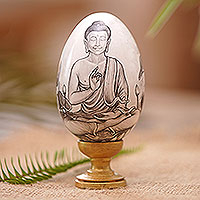Wood egg sculpture, 'Blessing Buddha' - Balinese Buddha Hand-Painted Sculpture