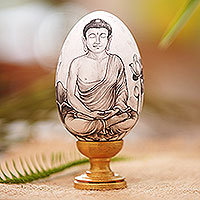 Wood egg sculpture, 'Peaceful Buddha' - Artisan Crafted Egg-Shaped Sculpture