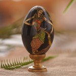 Wood egg sculpture, 'Epic Love Story' - Artisan Crafted Hindu Motif Sculpture