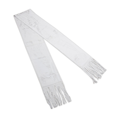 Leather scarf, 'Driven Snow' - Hand Crafted White Suede Leather Scarf