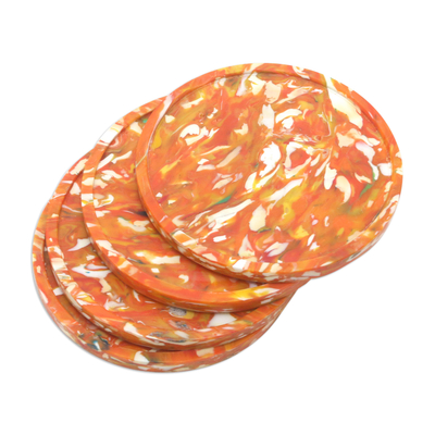 Recycled plastic coasters, 'Orange Circles' (set of 4) - Eco-Friendly Recycled Orange Coasters (Set of 4)