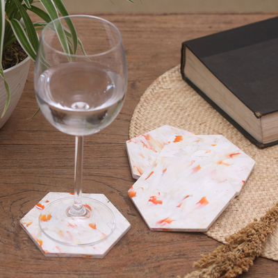 Recycled plastic coasters, 'White Hexagons' (set of 4) - Environmentally Friendly Coasters (Set of 4)