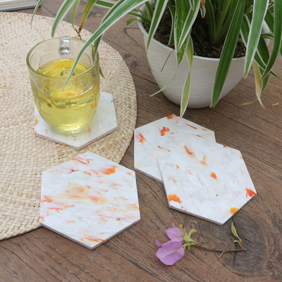 Recycled plastic coasters, 'White Hexagons' (set of 4) - Environmentally Friendly Coasters (Set of 4)