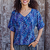 Hi-low rayon batik blouse, 'Blue Jungle'