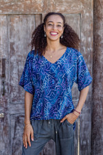 Hi-low rayon batik blouse, 'Blue Jungle' - Rayon Hi-Low Sidetail Blue Batik Blouse