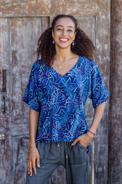 Hi-low rayon batik blouse, Blue Jungle