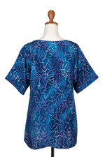 Hi-low rayon batik blouse, 'Blue Jungle' - Rayon Hi-Low Sidetail Blue Batik Blouse