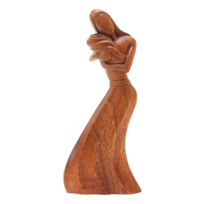 Wood statuette, 'Baby Boom' - Handmade Suar Wood Mother and Baby Statuette
