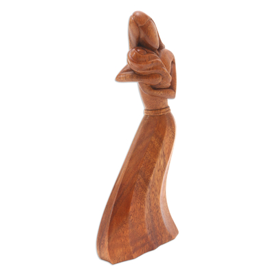 Wood statuette, 'Baby Boom' - Handmade Suar Wood Mother and Baby Statuette