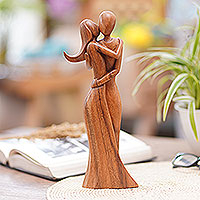 Wood statuette, 'Faithful Kiss' - Romantic Suar Wood Statuette from Bali