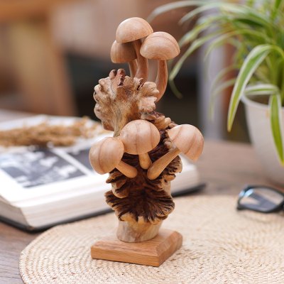 Wood statuette, 'Mushroom Growth' - Hand Carved Jempinis Wood Mushroom Statuette