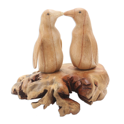 Wood statuette, 'Penguin Couple' - Hand Crafted Jempinis Wood Penguin Statuette