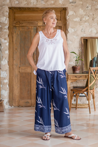 Batik rayon pants, 'Midnight Roots' - Indonesian Batik Rayon Pants with Floral and Leaf Motifs