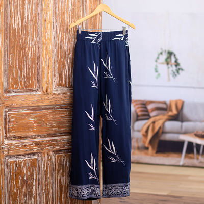 Indonesian Batik Rayon Pants with Floral and Leaf Motifs, 'Midnight Roots