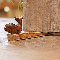 Wood door stop, 'Whale of a Time' - Hand Crafted Wood Door Stop with Whale Motif
