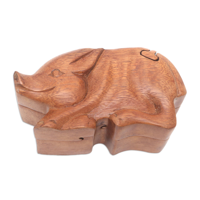 Wood puzzle box, 'Piggy's Secret' - Hand Crafted Suar Wood Puzzle Box with Pig Motif