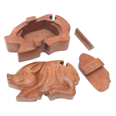 caja de rompecabezas de madera - Caja Puzzle Artesanal de Madera de Suar con Motivo de Cerdo
