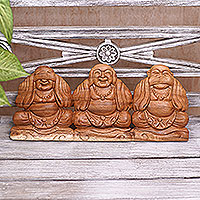 Wood relief panel, 'Protect Your Life' - Handmade Suar Wood Relief Panel with Monk Motif